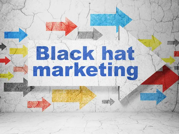 Concetto di finanza: freccia con Black Hat Marketing su sfondo grunge wall — Foto Stock
