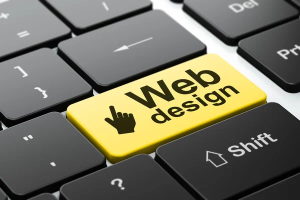 Концепция веб-разработки: курсор мыши и веб-дизайн на фоне клавиатуры компьютера — стоковое фото