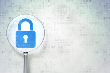 veri kavramı: dijital arka plan üzerinde optik cam ile kapalı asma kilit