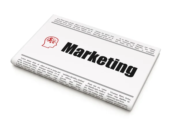 Marketingkonzept: Zeitung mit Marketing und Kopf mit Finanzsymbol — Stockfoto