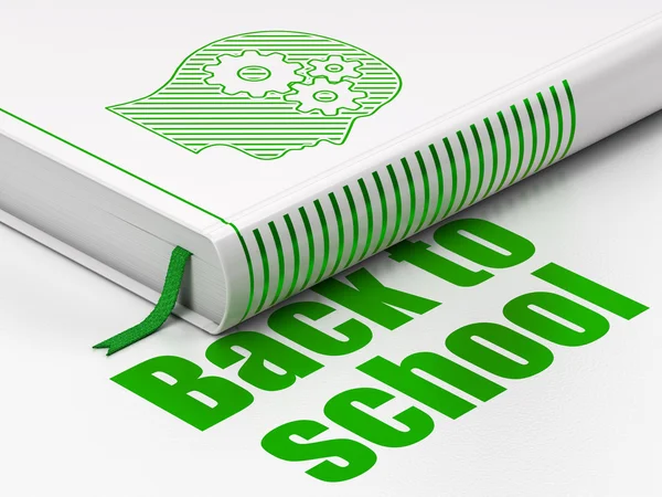 Concepto de educación: libro Head With Gears, Back to School sobre fondo blanco — Foto de Stock