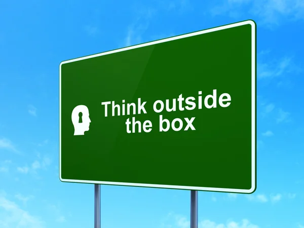 Education concept: Think outside The box and Head With Keyhole on road sign background — Stock Photo, Image