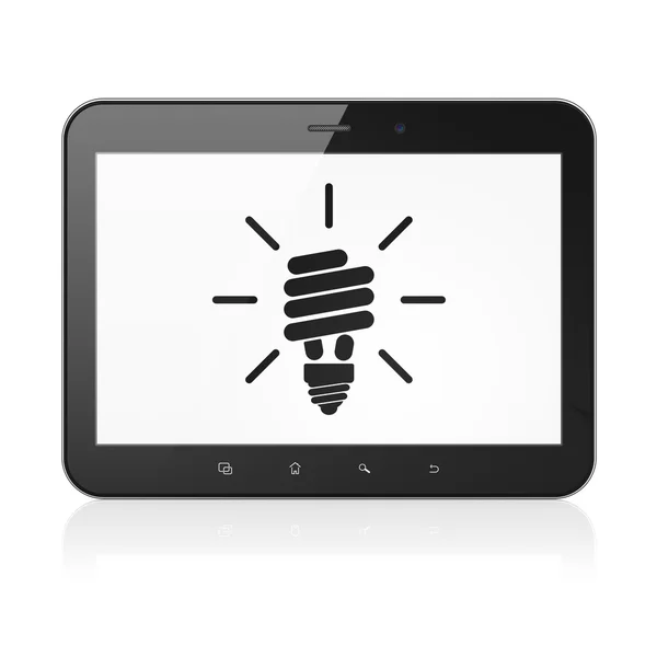 Concept de financement : lampe économiseuse d'énergie sur tablette PC — Photo