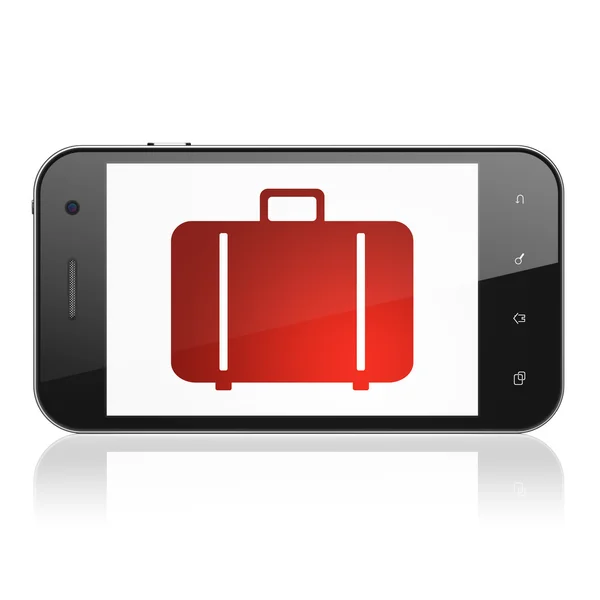 Reizen concept: tas op smartphone — Stockfoto