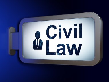 Hukuk kavramı: Medeni Hukuk ve iş adamı olarak arka planda billboard