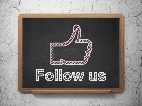 Conceito de mídia social: Thumb Up and Follow us on chalkboard background — Fotografia de Stock