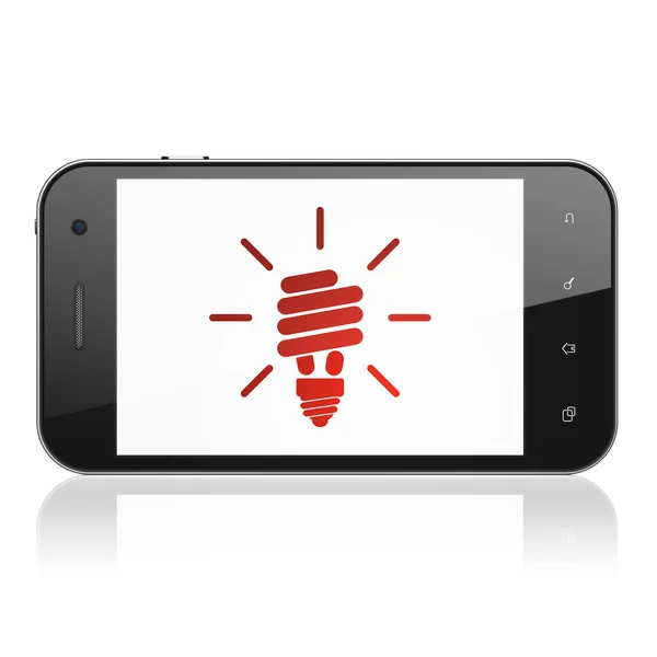 Concept d'entreprise : Lampe économiseuse d'énergie sur smartphone — Photo