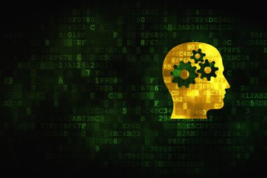 Veri kavramı: kafa ile vites dijital arka plan üzerinde