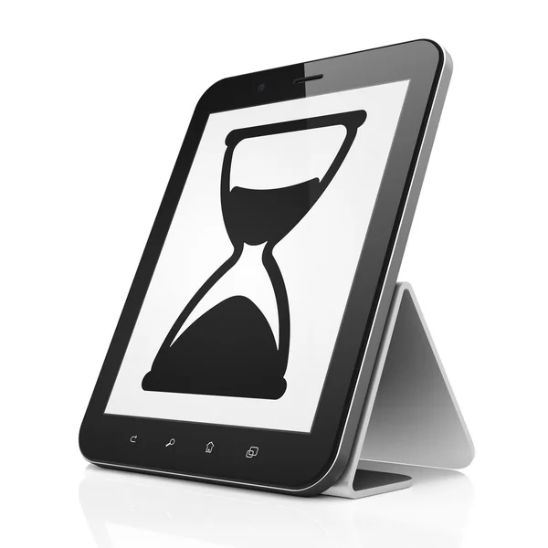Zaman çizelgesi kavramı: tablet pc bilgisayar üzerinde kum saati — Stok fotoğraf