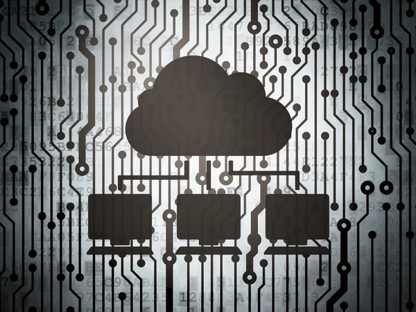 Bulut bilgi işlem kavramı: cloud Network devre kartı孤立的白色衬底上的 succsesfull 商务女人的画像 — Stok fotoğraf