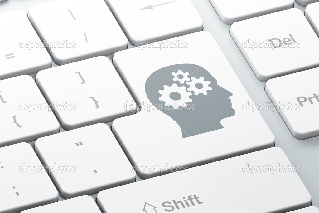 Advertising concept: Head With Gears on computer keyboard background