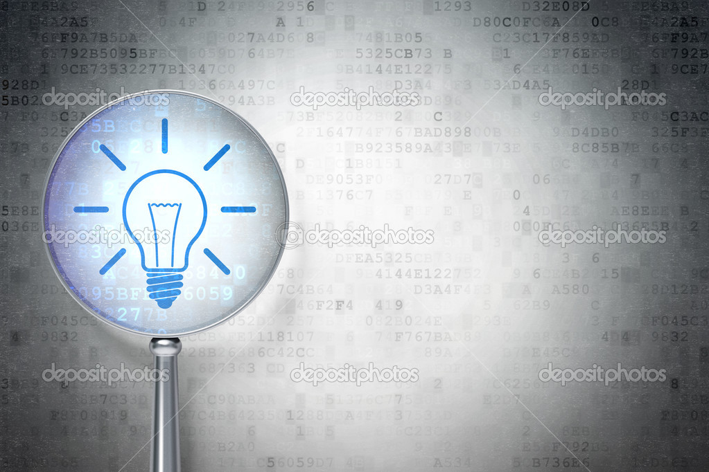 Finance concept: Light Bulb with optical glass on digital background