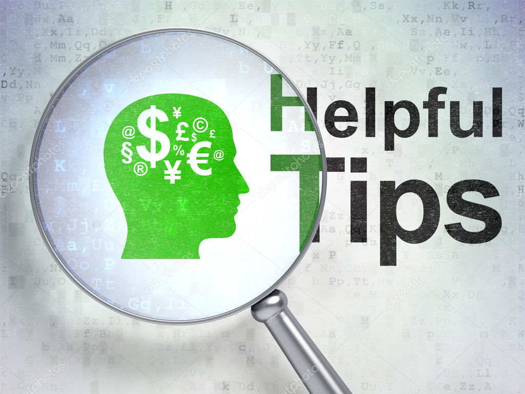Education concept: Head With Finance Symbol and Helpful Tips with optical glass