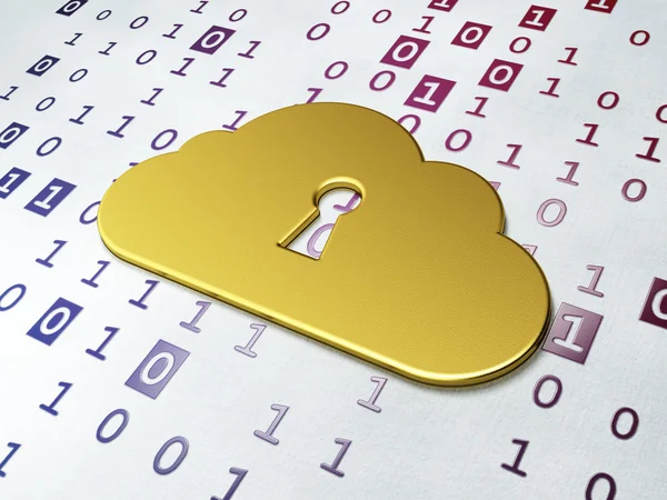 Conceito de tecnologia de nuvem: Nuvem dourada com buraco de fechadura no fundo do código binário — Fotografia de Stock