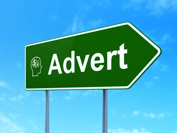 Advertising concept: Advert and Head With Finance Symbol on road sign background — Stock Photo, Image