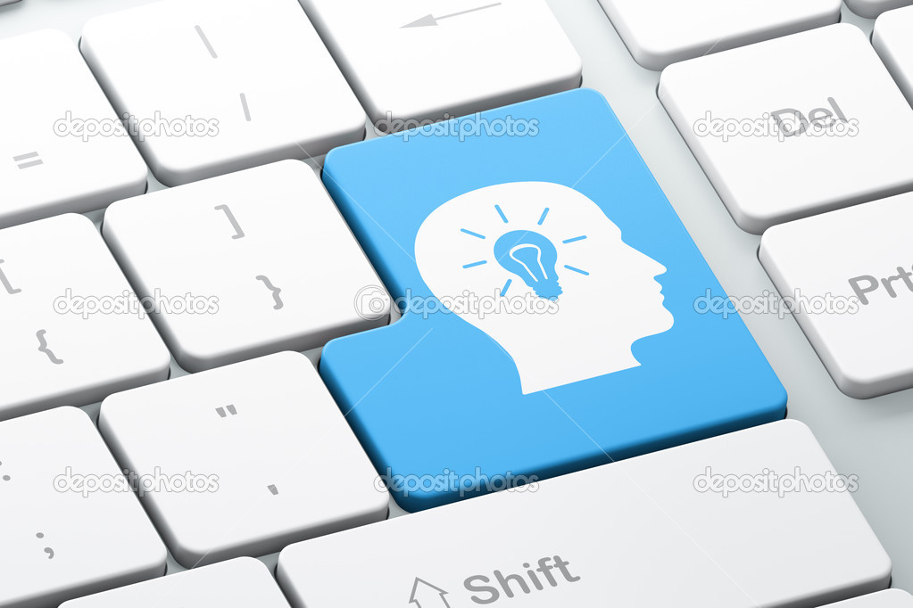 Business concept: Head With Light Bulb on computer keyboard background