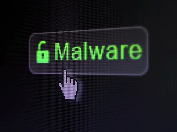 Conceito de proteção: Malware e Cadeado aberto no fundo do botão digital — Fotografia de Stock