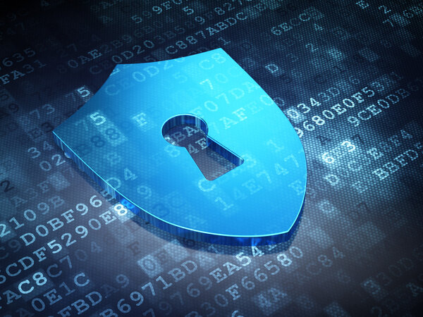 Protection concept: Blue Shield With Keyhole on digital background