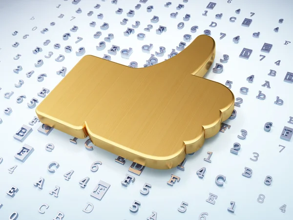 Szociális média fogalma: arany hüvelykujjával felfelé háttérben digitális — Stock Fotó