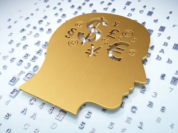 Concepto educativo: Cabeza dorada con símbolo financiero sobre fondo digital — Foto de Stock