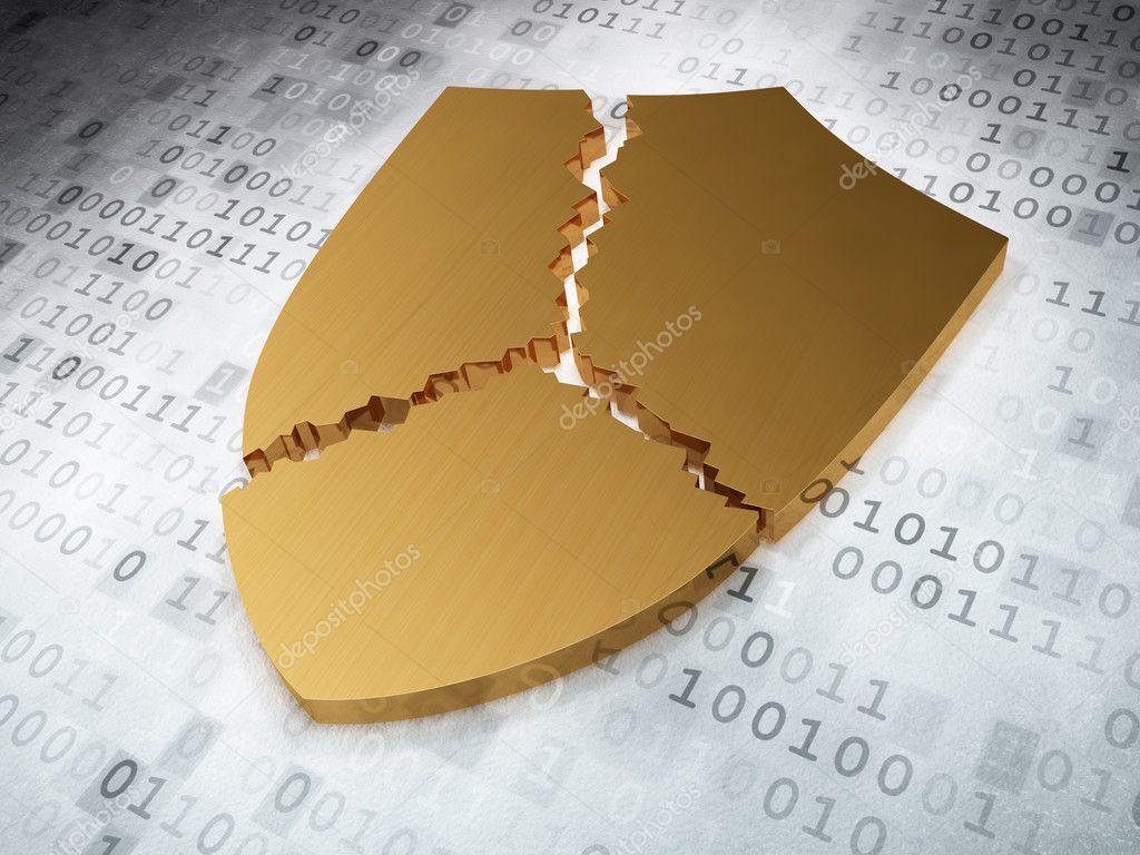 Protection concept: Golden Broken Shield on digital background