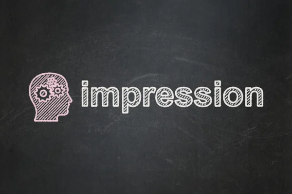 Advertising concept: Head With Gears and Impression on chalkboard background — Stock Photo, Image