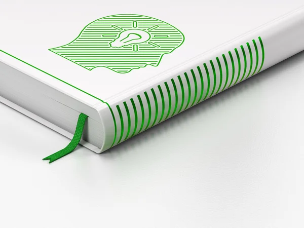 Conceito de marketing: livro fechado, cabeça com lâmpada sobre fundo branco — Fotografia de Stock