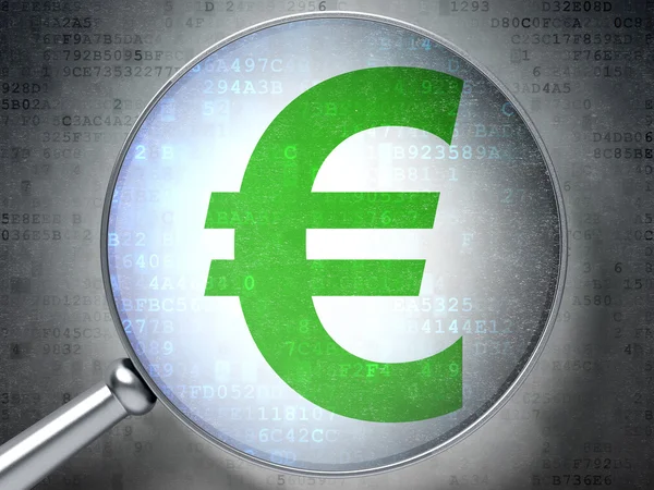 Concepto de moneda: Euro con vidrio óptico sobre fondo digital — Foto de Stock