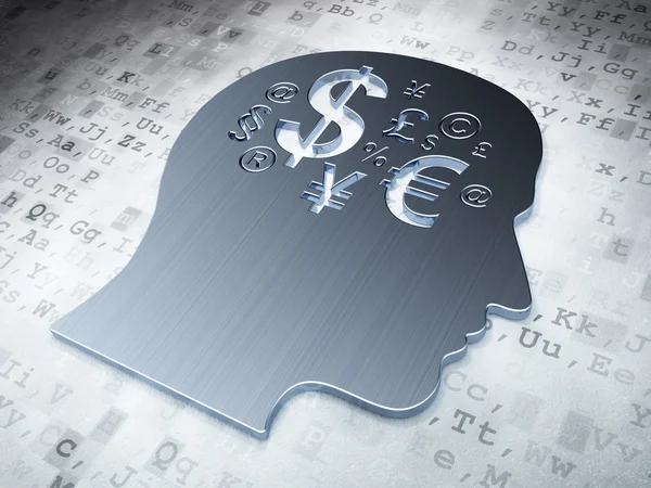 Концепция образования: Серебряная голова с финансовым символом на цифровом фоне — стоковое фото