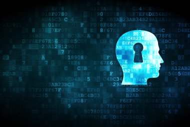 Eğitim kavramı: dijital arka plan üzerinde anahtar deliği ile baş