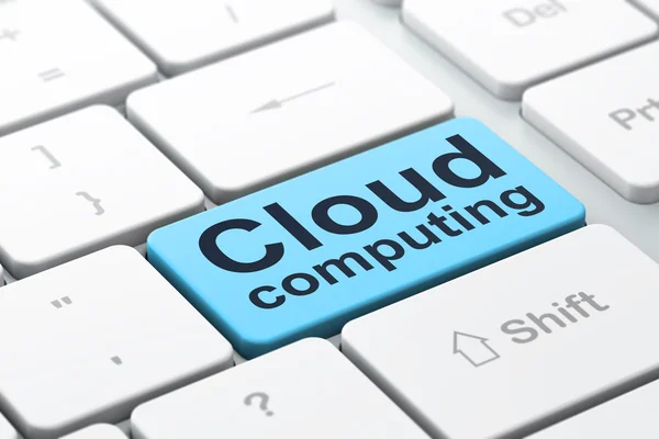 Conceito de computação em nuvem: computação em nuvem no fundo do teclado do computador — Fotografia de Stock
