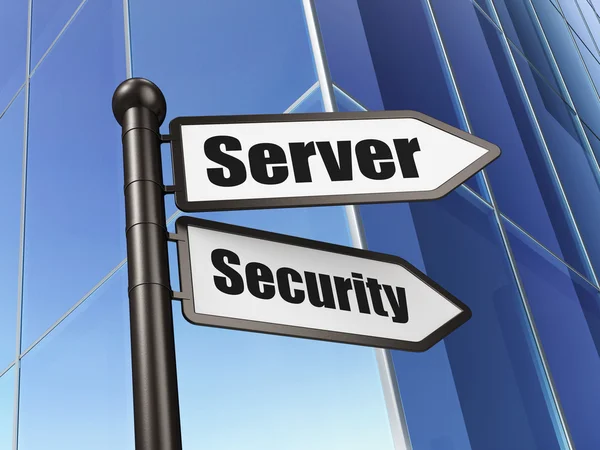 Veiligheidsconcept: serverbeveiliging op achtergrond gebouw ondertekenen — Stockfoto