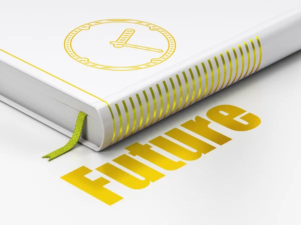 Tijdlijn concept: boek klok, toekomstige op witte achtergrond — Stockfoto