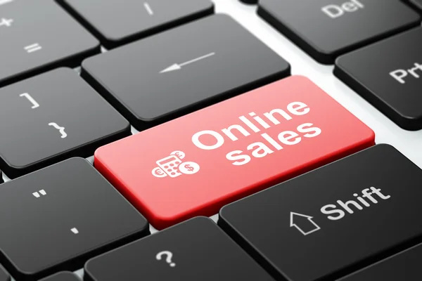 Concepto publicitario: Calculadora y ventas en línea en el fondo del teclado del ordenador —  Fotos de Stock