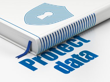 koruma kavramı: kitap anahtar deliği ile kalkan, beyaz arka plan verileri korumak