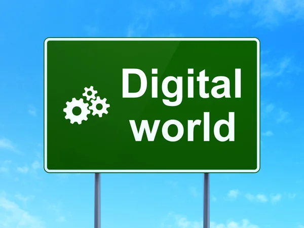 Datenkonzept: Digitale Welt und Zahnräder auf Verkehrszeichenhintergrund — Stockfoto