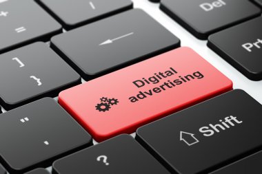 reklam kavramı: Dişliler ve dijital reklam bilgisayar klavye arka plan