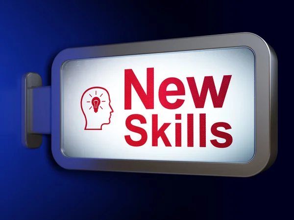 Education concept: New Skills and Head With Lightbulb on billboard background — Stock Photo, Image