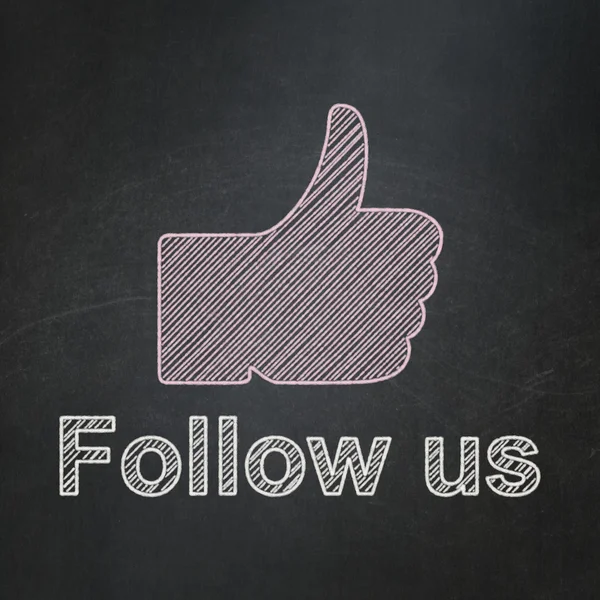 Conceito de mídia social: Thumb Up and Follow us on chalkboard — Fotografia de Stock