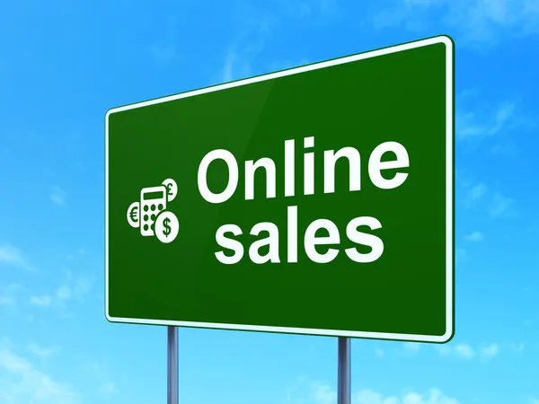 Advertising concept: Online Sales and Calculator on road sign background — Stock Photo, Image