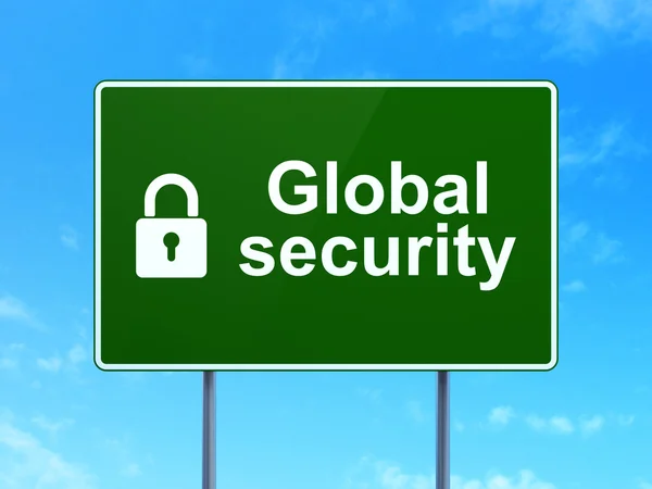 Concept de sécurité : Sécurité mondiale et cadenas fermé sur fond de panneau de signalisation routière — Photo