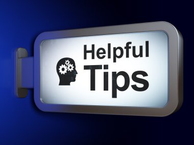 Eğitim kavramı: yararlı ipuçları ve kafa üzerinde vites ile billboard arka plan