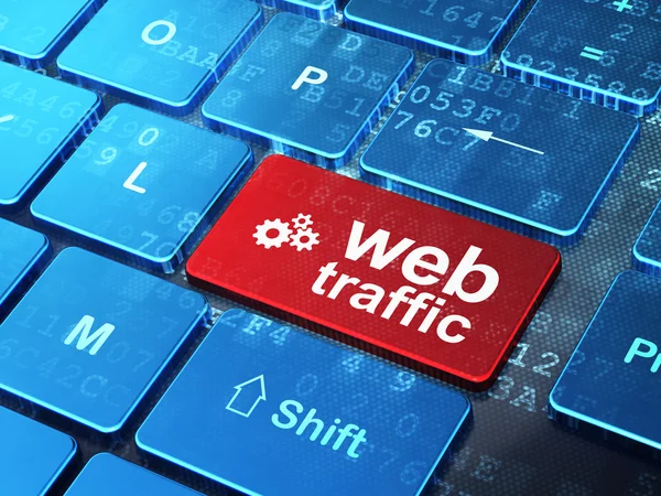 Web geliştirme kavramı: Dişliler ve bilgisayar keybo web trafik — Stok fotoğraf