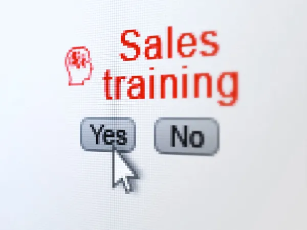 Concept publicitaire : Tête avec icône de symbole de finance et formation de ventes sur l'écran d'ordinateur numérique — Photo