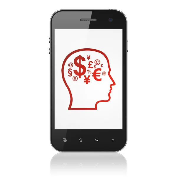 Finanzkonzept: Kopf mit Finanzsymbol auf Smartphone — Stockfoto