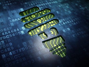 Ekonomi kavramı: enerji tasarrufu lambası üzerinde dijital ekran arka planı