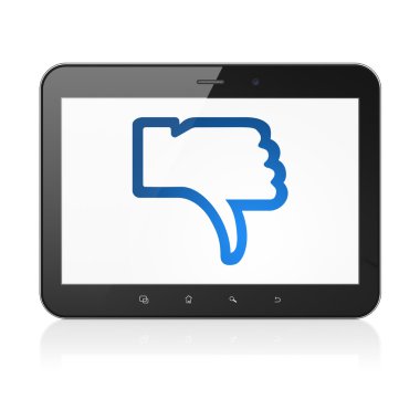 sosyal medya kavramı: başparmak aşağı-e doğru tablet pc bilgisayarınıza