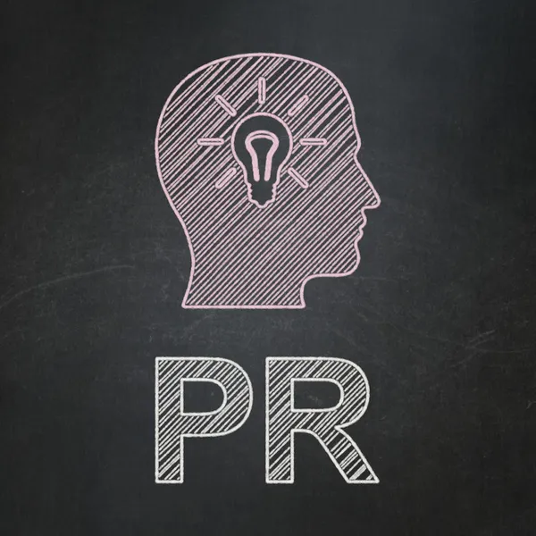 Marketing concept: Head With Light Bulb and PR on chalkboard background — Stock Photo, Image