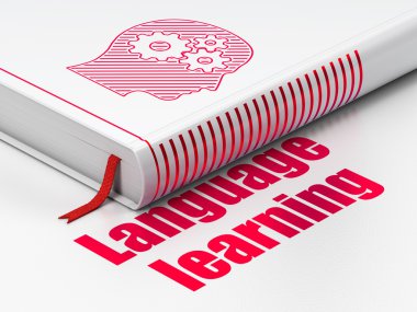 Eğitim kavramı: kitap kafayla Dişliler, beyaz arka plan üzerinde dil