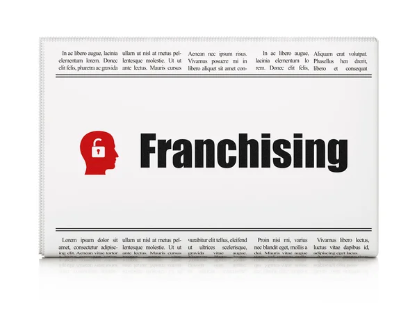 Finans konceptet: tidningen med franchising och huvudet med hänglås — Stockfoto